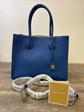 Michael Kors Mercer Medium Pebbled Leather Satchel Tote Bag Cobalt Blue
